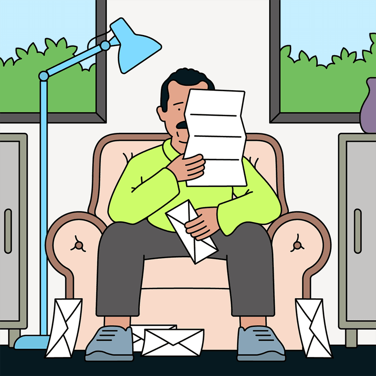 An illustration of a man sitting in a chair, whilst looking at a piece of paper and surrounded by letters