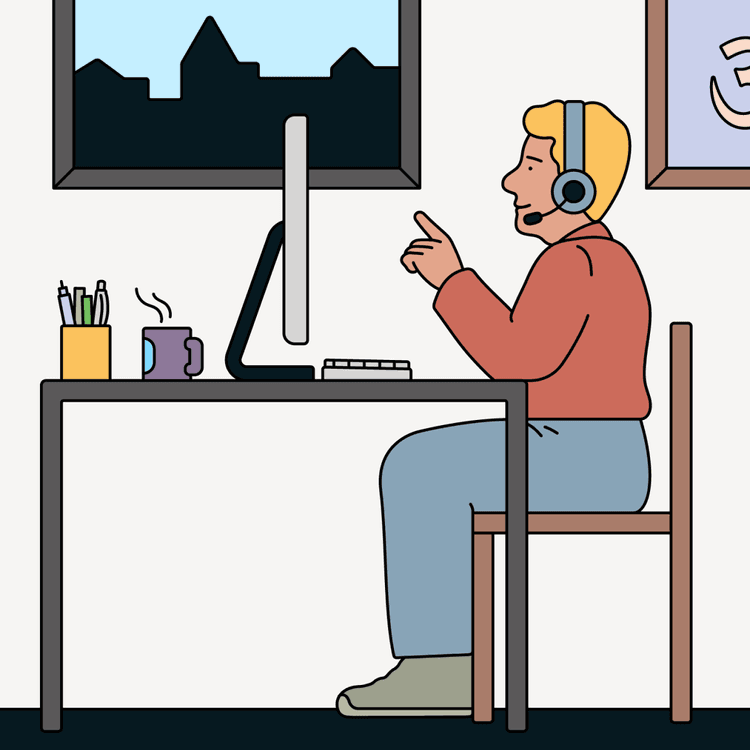 An illustration of a man sitting at a desk and working on a computer whilst wearing a headset