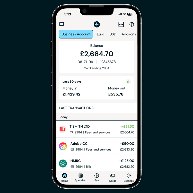 Zempler Bank app Business account screen