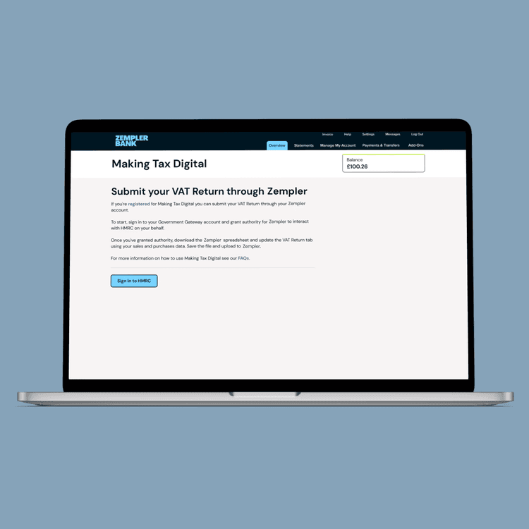 Zempler Bank Online Banking screen showing a making tax digital page