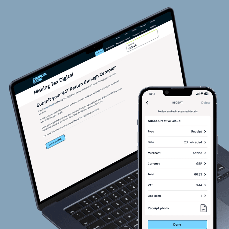 Zempler Bank Online Banking & Bank app screen showing a making tax digital page